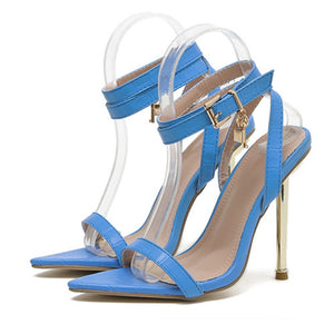 Summer Women's Pointed Toe Metal Thin High Heels Sandals Gladiator Ankle Buckle Strap Stiletto Shoes Black Blue Mart Lion Blue 35 China