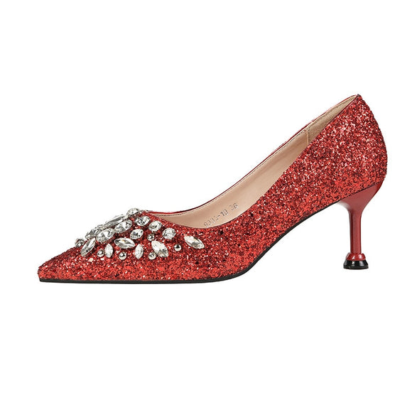 Shoes Women Korean Pointed Toe Low-Cut High Heels Nightclubs Thinner Sequined Stiletto Rhinestone Mart Lion Red 33 