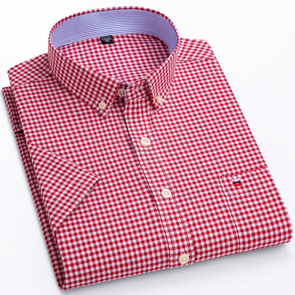 Men's Summer Casual Short Sleeve 100% Cotton Thin Oxford Shirt Single Patch Pocket Standard-fit Button-down Plaid Striped Mart Lion D537 40 