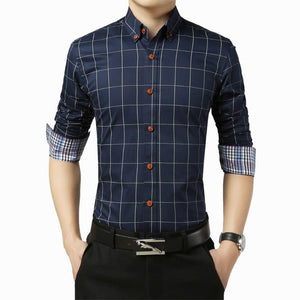 Autumn  Men's Social Shirt Slim Fit Long Sleeve Plaid Cotton Casual Brand Clothes Mart Lion   