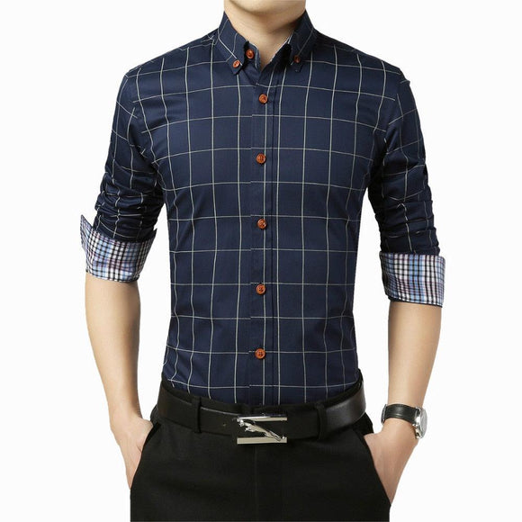  Autumn  Men's Social Shirt Slim Fit Long Sleeve Plaid Cotton Casual Brand Clothes Mart Lion - Mart Lion