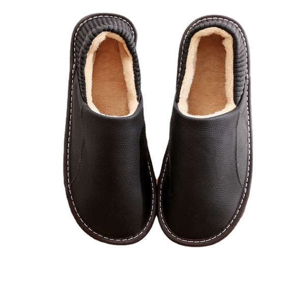 Slippers Men's Winter Match Fleece-Lined Warm Home Indoor Home Genuine Leather Cotton-Padded Shoes for The Elderly Women's Home Mart Lion Black 33-34 