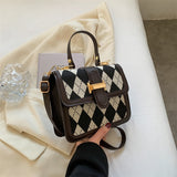 Rhombus Stitching Handbags Trend Fashion Shoulder Bag Retro Simple Messenger Small Square Bag Mart Lion Coffee  