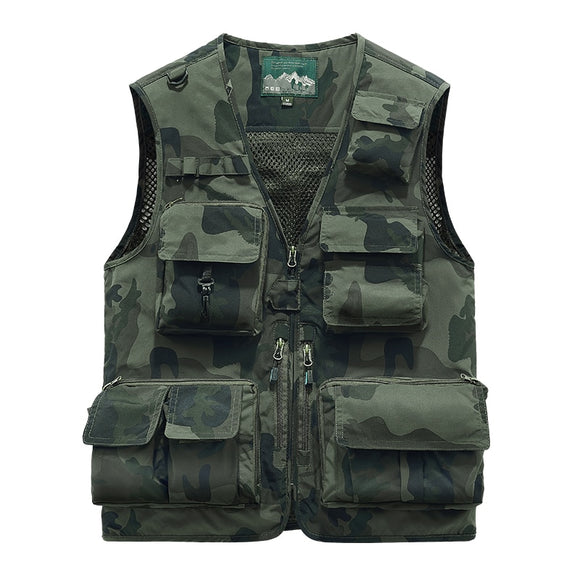 Summer Baggy Causal Men's Mesh Vest Multi Pocket Photographers Sleeveless Jackets Mesh Green Camouflage Waistcoat