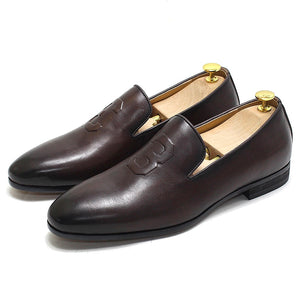 Stylish Men's Loafers Genuine Leather Pointed Toe Dress Shoes Summer Autumn Brown Party Wedding