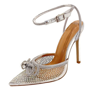 Liyke Crystal Transparent Female Pumps Thin High Heels Bowknot Pointed Toe Ankle Strap Sandals Women Shoes Mart Lion Silver 35 China