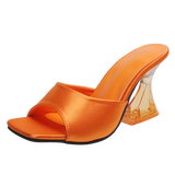 Summer Women's High Heels Sandals Orange Silk Transparent Shoes Open Toe Slippers Female Mart Lion   