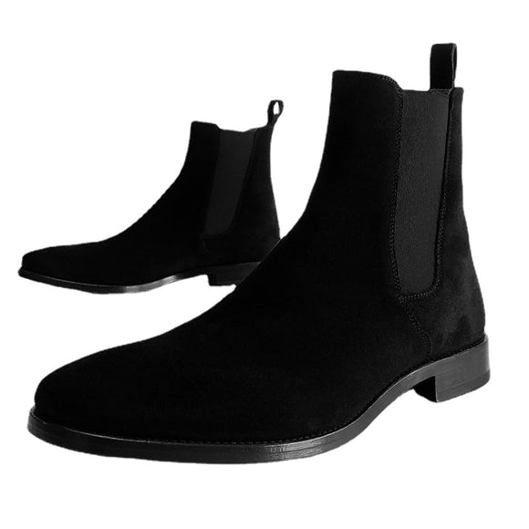 Boots Men's Black Flock Handmade Shoes Ankle Slip on with Mart Lion   