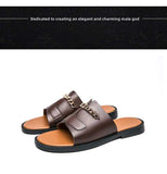 Sandals Men's Shoes PU Solid Color Casual Beach Pool Daily One Word Open Toe Metal Chain Slippers Mart Lion   