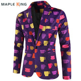 Purple Cute Suits Men's Heart Cup Print Blazer Slim Masculimo Vinatge Dress Club Suit Jackets Homme Mart Lion   