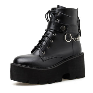Chain Women Leather Autumn Boots Block Heel Gothic Black Punk Style Platform Shoes Female Footwear Ankle Mart Lion Black 35 