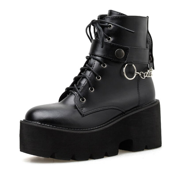  Chain Women Leather Autumn Boots Block Heel Gothic Black Punk Style Platform Shoes Female Footwear Ankle Mart Lion - Mart Lion