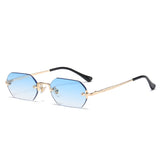 Rimless Rectangle Sunglasses Small Men Glasses Women Metal Gold Polygon Blue Shades UV400 Frameless Mart Lion Gold Blue 1 As picture 