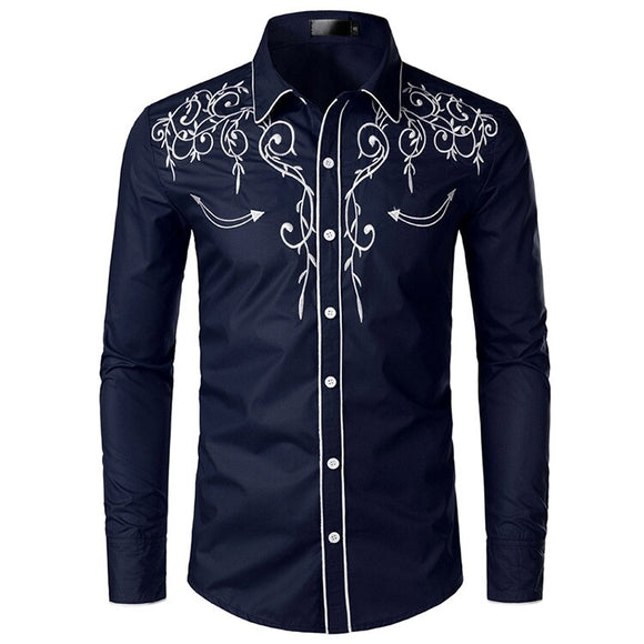 Men's Shirts Slim Fit Long Sleeve Causal Floral Embroidery Camisa Social Shirts Men's Dress Western Style Streetwear Blusa Mart Lion Navy S 