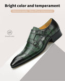 Men's Pattern Genuine genuine leather Handmade Dress Daily Shoes Monk Slip on Casual Buckle Strap Green zapatos Mart Lion   