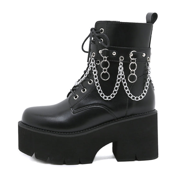 Winter Gothic Punk Womens Platform Boots Black Buckle Strap Zipper Creeper Wedges Shoes Mid Calf Military Combat Mart Lion   