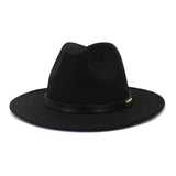 Black leather belt decoration Felt Hats Fedora Hat Men's Women artificial wool Blend Simple Wide winter Fedora Hats Mart Lion Black 56-58cm 