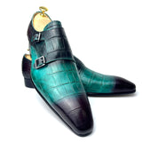 Crocodile Print Men's Dress Wedding Party Office Shoes Handmade Leather Monk Buckle Strap Sky Blue Pointed Toe Loafers Mart Lion   