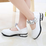 Girls Leather Shoes Summer PU Patent Leather Kids Dress High Heels Butterfly-knot Dress Wedding Chic Mart Lion White 26(inner 16.3cm) 