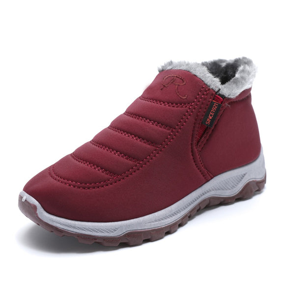 Winter Men's Ankle Boots Plush Fur Warm Couple Low-Top Snow Boots Non-Slip Slip-On Casual Sneakers Solid Color Fleece Mart Lion Red 36 