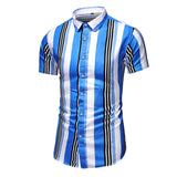 Vertical Stripe Shirt Men's Short Sleeve Slim Button Formal Dress Camisa Casual Hombre Beach Shirt Men's Blouses Tops Mart Lion C213-Blue Asian M 45kg-55kg 