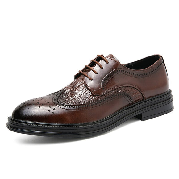 Brogue Men's Dress Shoes Soft Split Leather Footwear Crocodile Oxfords Elegant Sapato Social Masculino Mart Lion Brown 38 