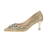 Shoes Women Korean Pointed Toe Low-Cut High Heels Nightclubs Thinner Sequined Stiletto Rhinestone Mart Lion   