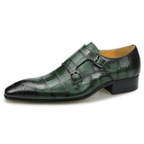 Men's Pattern Genuine genuine leather Handmade Dress Daily Shoes Monk Slip on Casual Buckle Strap Green zapatos Mart Lion   