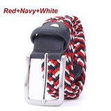 Stretch Canvas Leather Belts for Men's Female Casual Knitted Woven Military Tactical Strap Elastic Belt for Pants Jeans Mart Lion Red-Navy-White 100cm 