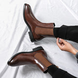 Men's Brown Chelsea Boots Black Handmade Short Slip-On Round Toe Ankle Mart Lion   