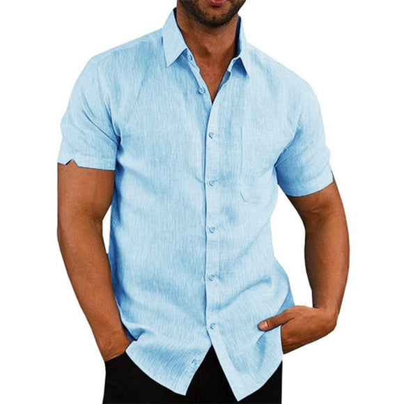 Cotton Linen Men's Short-Sleeved Shirts Summer Solid Color Turn-down collar Casual Beach Style Plus Size Mart Lion Blue US S 50-60 KG China