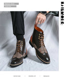 Brown Men Short Boots Lace-up SquareToe Ankle Strap Gingham Handmade Ankle Boots Cowboy Boots - MartLion