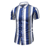 Vertical Stripe Shirt Men's Short Sleeve Slim Button Formal Dress Camisa Casual Hombre Beach Shirt Men's Blouses Tops Mart Lion C213-Navy Asian M 45kg-55kg 