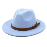 Fedora Hat Men's Women Brown Leather Belt Decoration Felt Hats Autumn Winter Imitation Woolen For Women British Style Felt Hat Mart Lion sky blue 56-58cm 