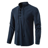 Men's Casual Blouse Cotton Linen Shirt Tops Long Sleeve Tee Shirt Spring Autumn Slanted Placket Vintage Shirts Mart Lion navy US S China