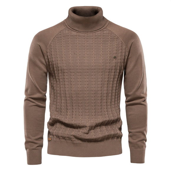 Solid Color Knitted Turtleneck Men's Sweater Cotton Warm Pullover Winter Casual Mart Lion Khaki Size S 55-65kg 