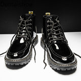 Summer Black Leather Shoes Men's High-Top All-Match Thick Bottom Increased Waterproof Boots Mid-TopTide Mart Lion   