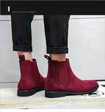 Chelsea Boots Men's Wine Red Black Faux Suede Low-heeled Handmade Mart Lion   