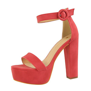 Candy Color Casual Shoes Buckle Strap Women's Pumps Elegant Open Toe Lady High Heels Stiletto Flock Platform Mart Lion Red 35 