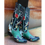 autumn Embroider Women Boots Thick heel Embroidery High cylinder Western Cowboy Pointed Color matching Mart Lion black 1 36 