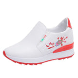 Leather White Shoes for Women Height Increasing Insole Thick Bottom Versatile Slip-on Casual Breath Mesh Mart Lion Red 34 