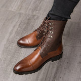 Men's Motorcycle Ankle Boots PU Color Matching Classic Retro Street Round Head Stitching Lace Casual Shoes Mart Lion   