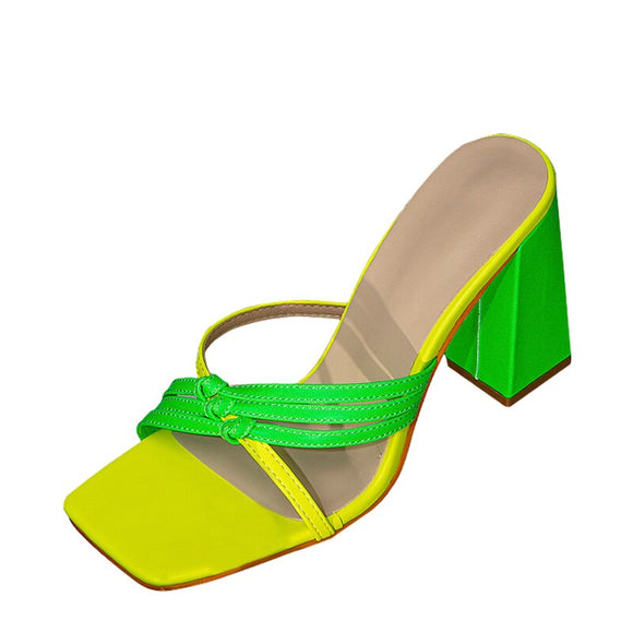 Liyke Yellow Green Mixed Colors Women Slippers Sandals Gladiator Square Toe Summer Shoes High Heels Designer Slides Mart Lion   
