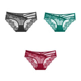 3pcs Lace Underwear For Women Low Waist Briefs Female Transparent Mesh Ladies Solid Panties Mart Lion black-green-red M China|3PCS