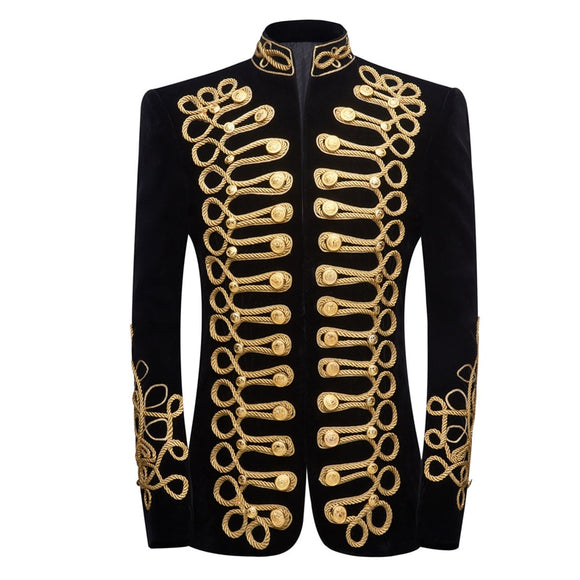 Men's Stylish Court Prince Black Velvet Gold Embroidery Blazer Suit Jacket Wedding Party Prom Suit Stage Singer Mart Lion Gold US Size XS 