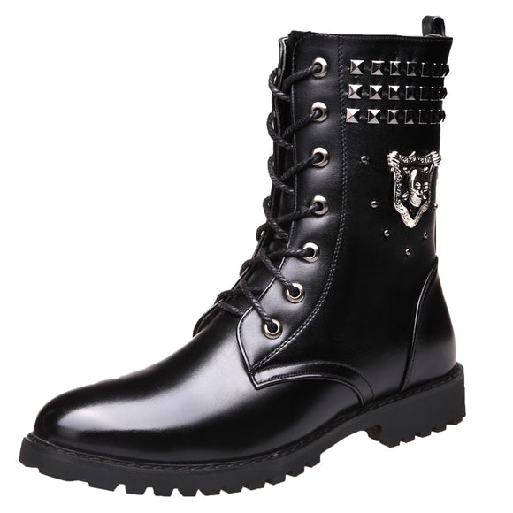 Men's Leather Motorcycle Boots Military Combat Gothic Skull Punk Tactical Basic Mid-calf Work Shoes Mart Lion   