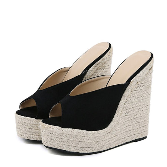 Liyke Platform Wedges Slippers Summer Peep Toe 14CM Heels Shoes Woman Super High Mules Female Sandals Black Mart Lion   