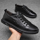 Genuine Leather Black Sneakers Men's Shoes Trendy Autumn Top Layer Cowhide Print Casuals Leather Mart Lion   