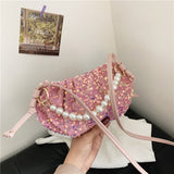 Summer sequin dinner pearl portable shell bag female small fresh shoulder messenger bag Mart Lion Pink  