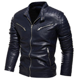Winter Black Leather Jacket Men's Fur Lined Warm Motorcycle Slim Street BLack Biker Coat Pleated Design Zipper Mart Lion Blue L 